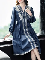 tiyihailey free shipping 2022 new vintage women long knee length full sleeve denim spring dress m xl embroidery single breasted