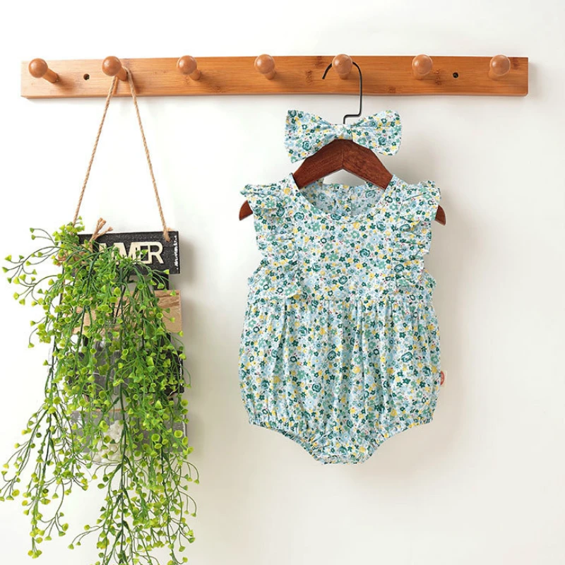 

Bebe Girl Clothes Baby Bodysuit Flora Printed Ruffle Princess Sleeveless Long Sleeve Romper+hair Band 2PCS Set Toddler Outfits