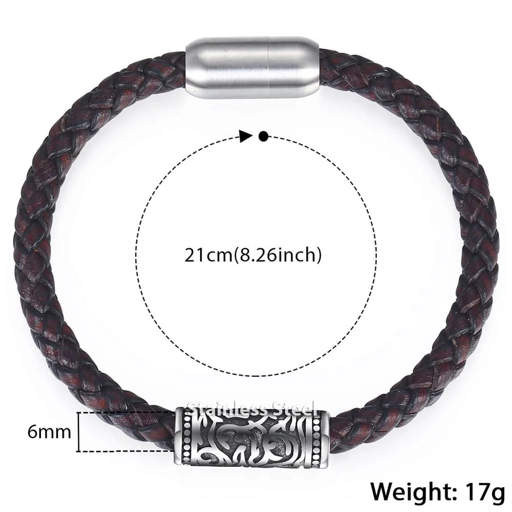 Мужской плетеный кожаный браслет 8 мм матовый Cinnabar Powder из нержавеющей стали с