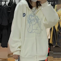 qweek white kawaii angle print oversize thick hoodie women korean fashion loose hooded sweatshirts zip up winter pockets female