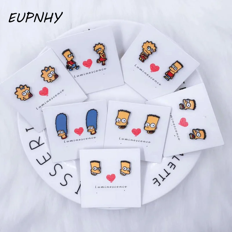 EUPNHY, 1 пара, Мультяшные серьги-гвоздики Симпсоны, серьги-гвоздики, ювелирные изделия для женщин, девочек-подростков, пирсинг, серьги, подарки, аксессуары