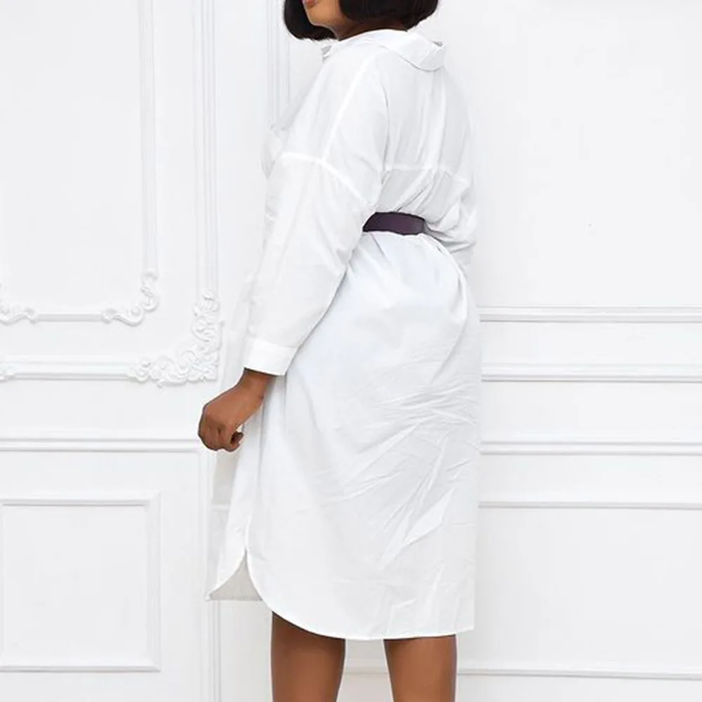 

Western Style Ladies Dresses Spring Autumn Fashion Loose Casual Oversize African Irregular Solid Color Lapel Long Sleeve 2021