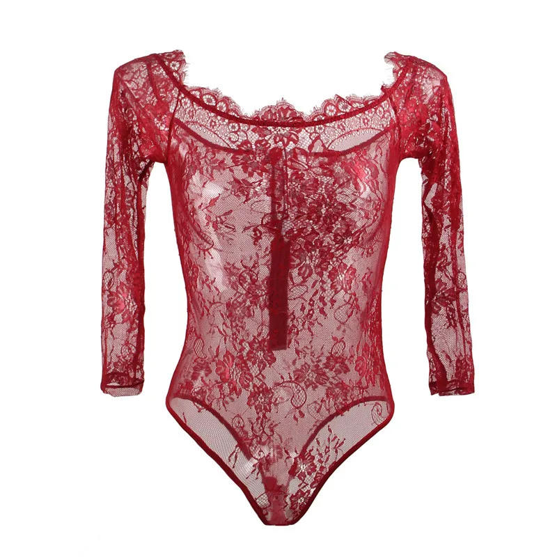 

Teddies Lingerie Bodysuits Off Shoulder Transparent Sexy Lace Body Suit Long Sleeves Zipper Wetlook Body Mujer Lenceria RW80549P