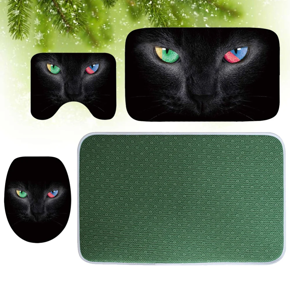 

1 Set of 3pcs Flannel Bathroom Kit 3D Printed Anti-slip Carpet Toilet Rug Closestool Lid Cover - Size (Cat Eye)