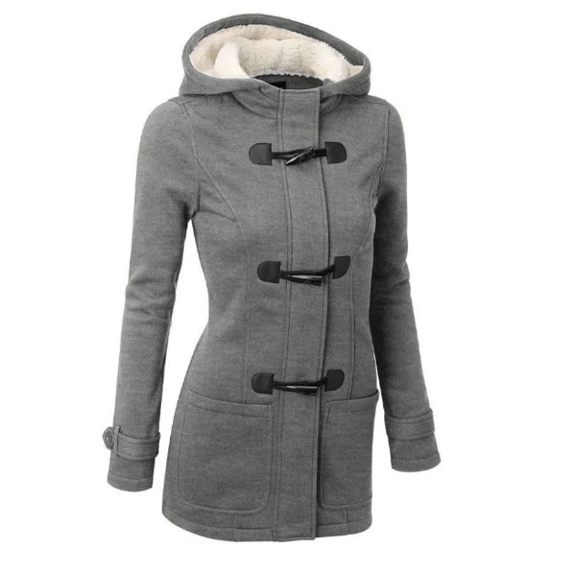 

2020 Women's Autumn and Winter New Horn Button Coat Thickened Hooded Blended Jacket Cotton Coat