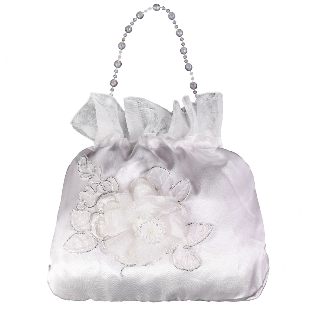 

Bridal Bridesmaid Flowers and Pearls Decorated Satin Dolly Bag Handbag (White)