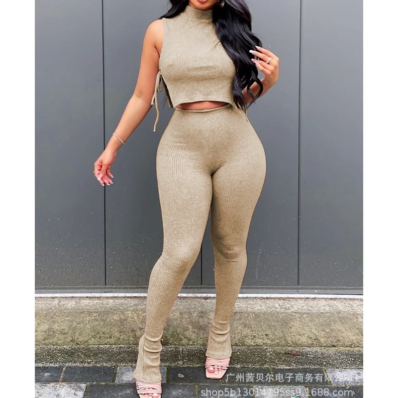 

Mandylandy Summer Fashion O-Neck Sleeveless Lace-up Vest + High Waist Pencil Pants Suit Women's Casual Solid Color Slim Suit