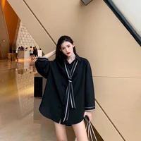 2021 spring vintage long sleeve solid color blouses with tie korean hong kong style retro women button up shirt harajuku fashion