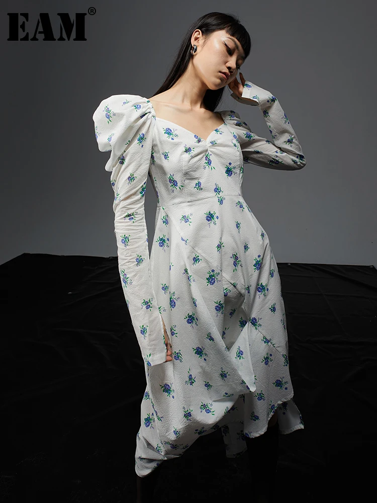 

[EAM] Women White Printed Irregular Long Dress New Square Collar Long Puff Sleeve Loose Fit Fashion Spring Summer 2021 1DE0452