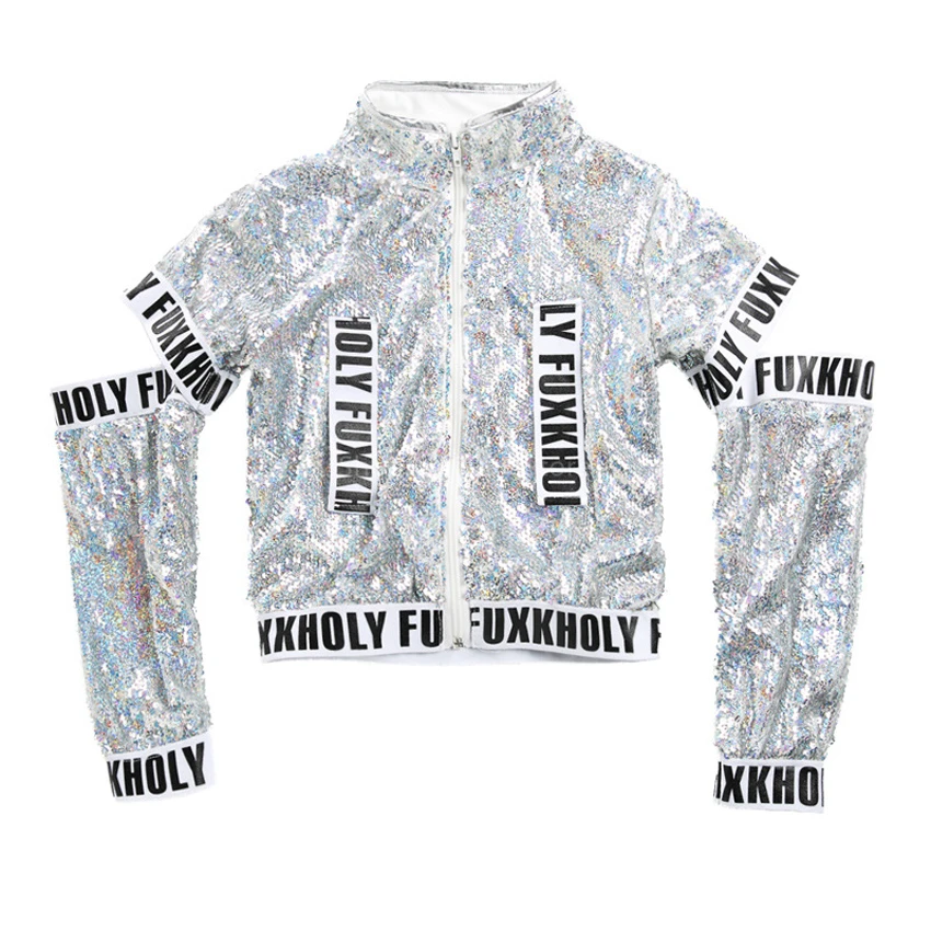 Jazz Dance Costume for Girl Kid Modern Hip-hop Street Dancing Sequin Jacket Outfit Stage Performance Beyonce Streetwear Sock New |