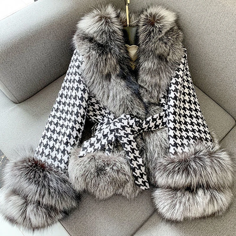 2022 Autumn Winter Women Fur Coat Houndstooth Faux Fur Collar Fox Fur Jacket Short Elegant Fashion Female Wool Outerwear Vintage