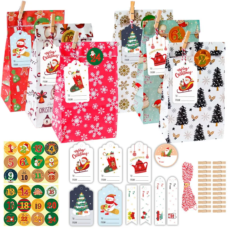 

24sets Christmas Advent Calendar Kraft Paper Candy Dragee Gift Bags Party Favor Packing Pack Set Cookies Pouch with Xmas Sticker
