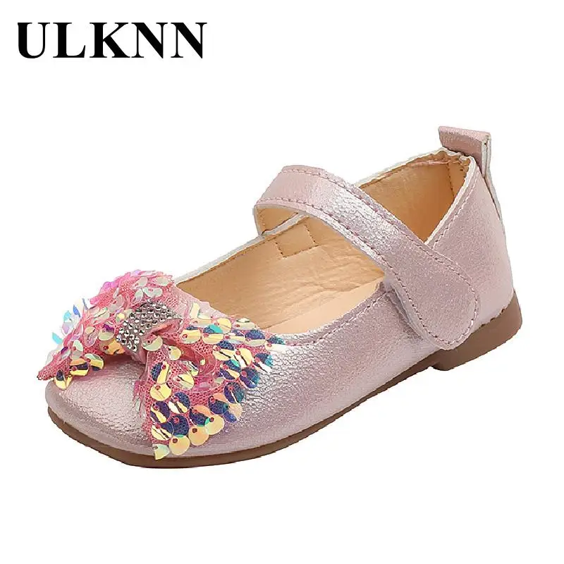 

ULKNN Girl Sequins Flat Shoes Pink Rhinestone Kid Single Shoes 2022 Girls Princess Fashion Lovely Bowknot Children Baby Shoes