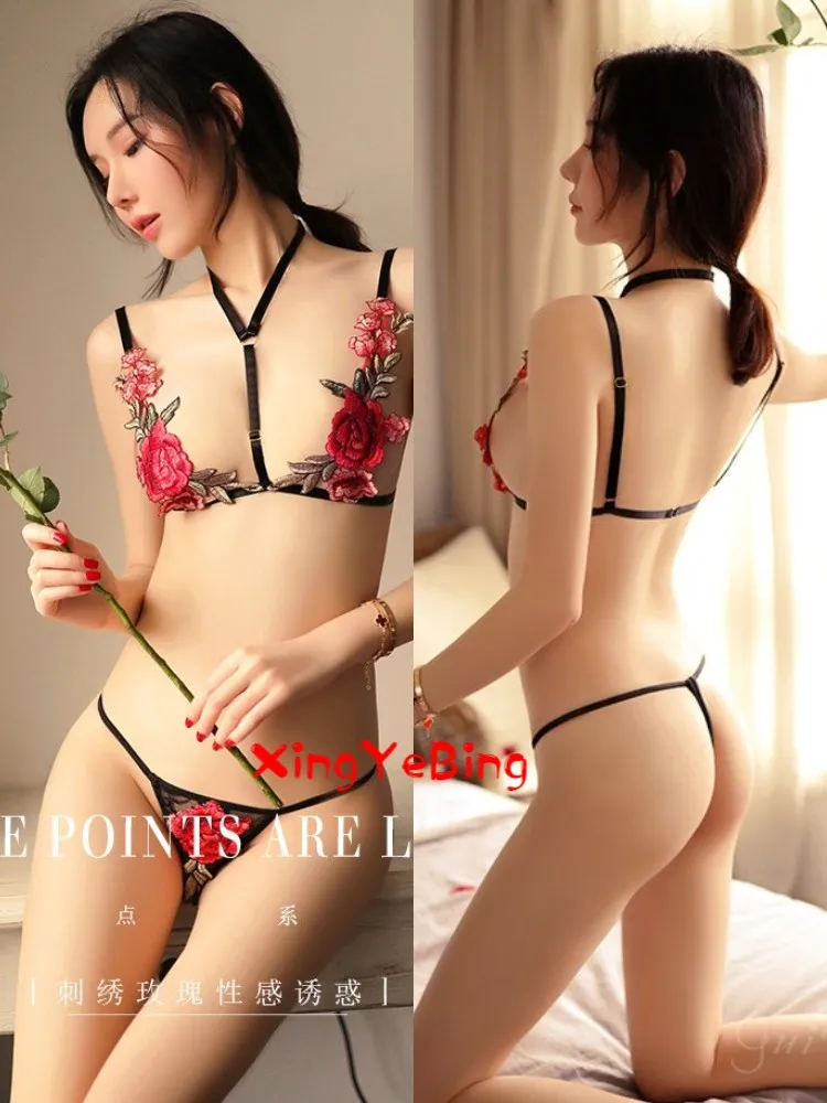 

Нижнее белье 3-х точечного типа, бюстгальтер с вышивкой розы, сексуальное привлекательное нижнее белье, сексуальное кружево стрингов