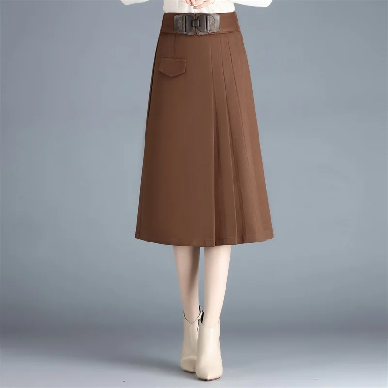 

Elastic High Waist Design Elegant Fashion Women A-line Black Skirt Fall Winter Office Lady Slim Casual Mid-long Work Skirts 1138