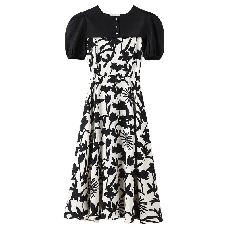 

Summer Tracksuit Women 2 Two Piece Set Black Waistcoat + Print Strap Midi Maxi Dress Suits Elegant Fashion Casual Women's Sets
