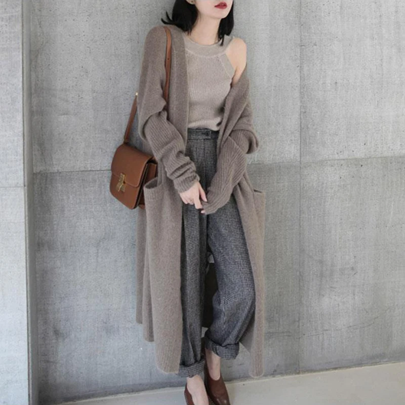 

Autumn Winter Hot Fashion Loose Long Knit Sweater Women Solid Color Cardigans Warm Knitwear Kimono Plus Size Knitted Outerwear