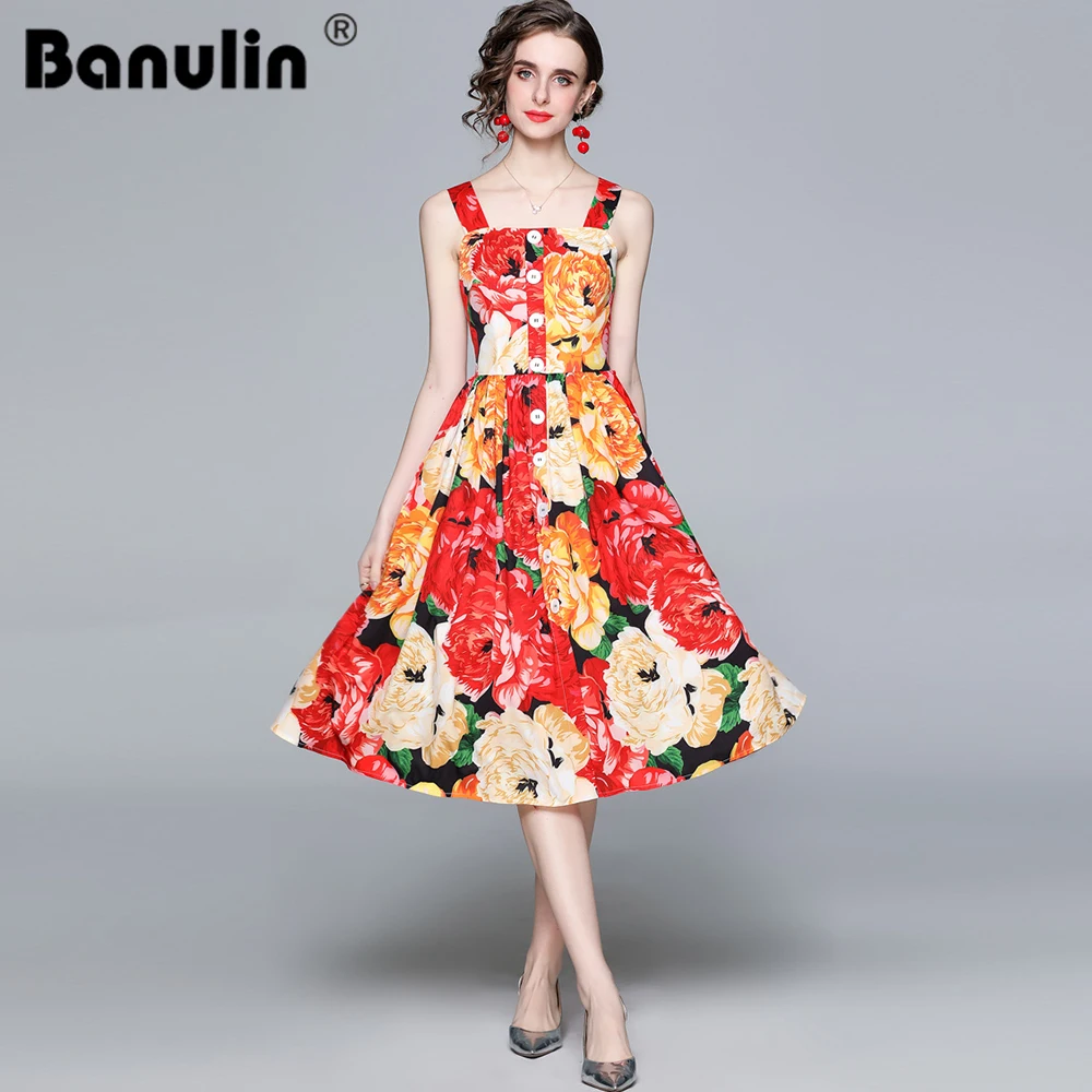 

Banulin 2021 Fashion Runway Summer Holiday Dress Women Spaghetti Strap Buttons Backless Floral Print Elegant Party Midi Dress