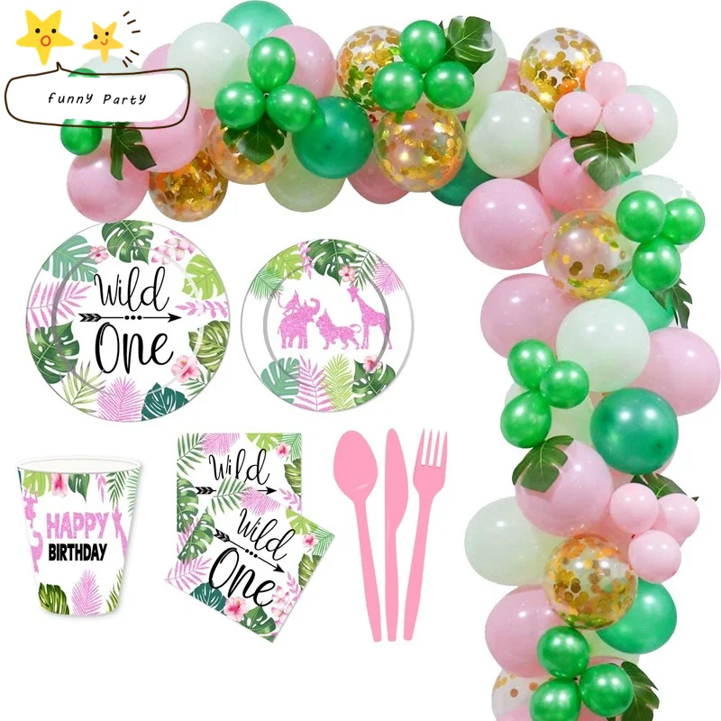 

Одноразовая посуда «Джунгли» розового цвета для дня рождения