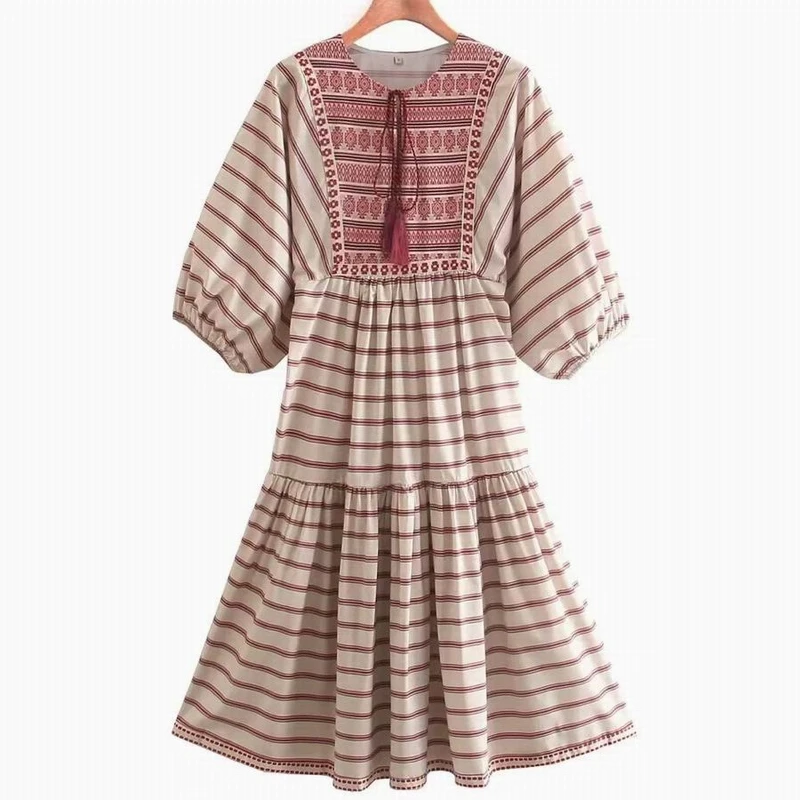 

Women Printed Dress Summer 2022 New Fashion Short Sleeve O-Neck Tassel Above Knee Female Vestido