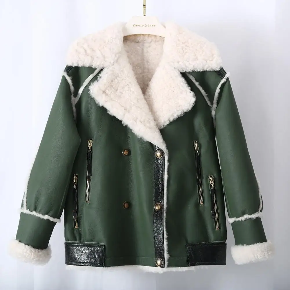 

New Women 2021 Green Color Iceland Lamb Shearling Fur Coats Loose Style Winter Comfortable Real Fur Jackets