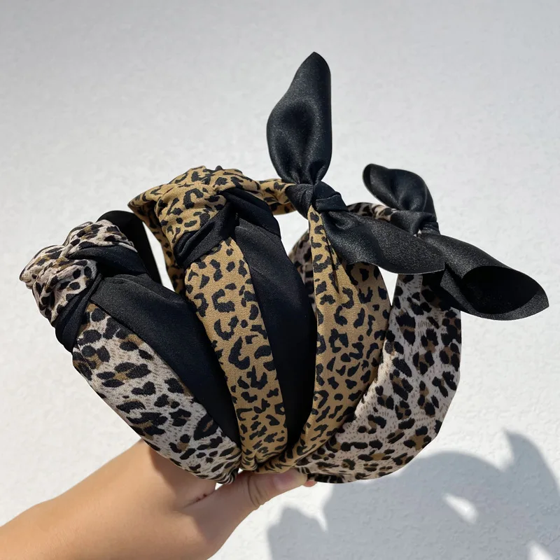 

Модные леопардовые аксессуары для волос в стиле ретро, строченная Женская широкополая повязка на голову для мытья лица