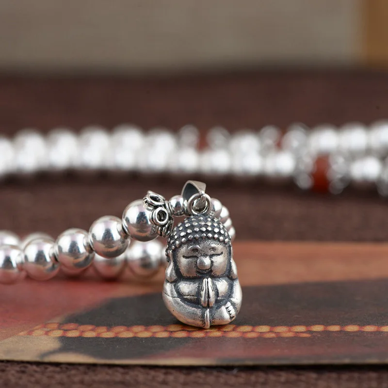 

925 Sterling Silver Beads Chain Bracelets With Buddha Figure Tibetan Buddhism Mantra Six Words' Engraved Prayer Jewelry