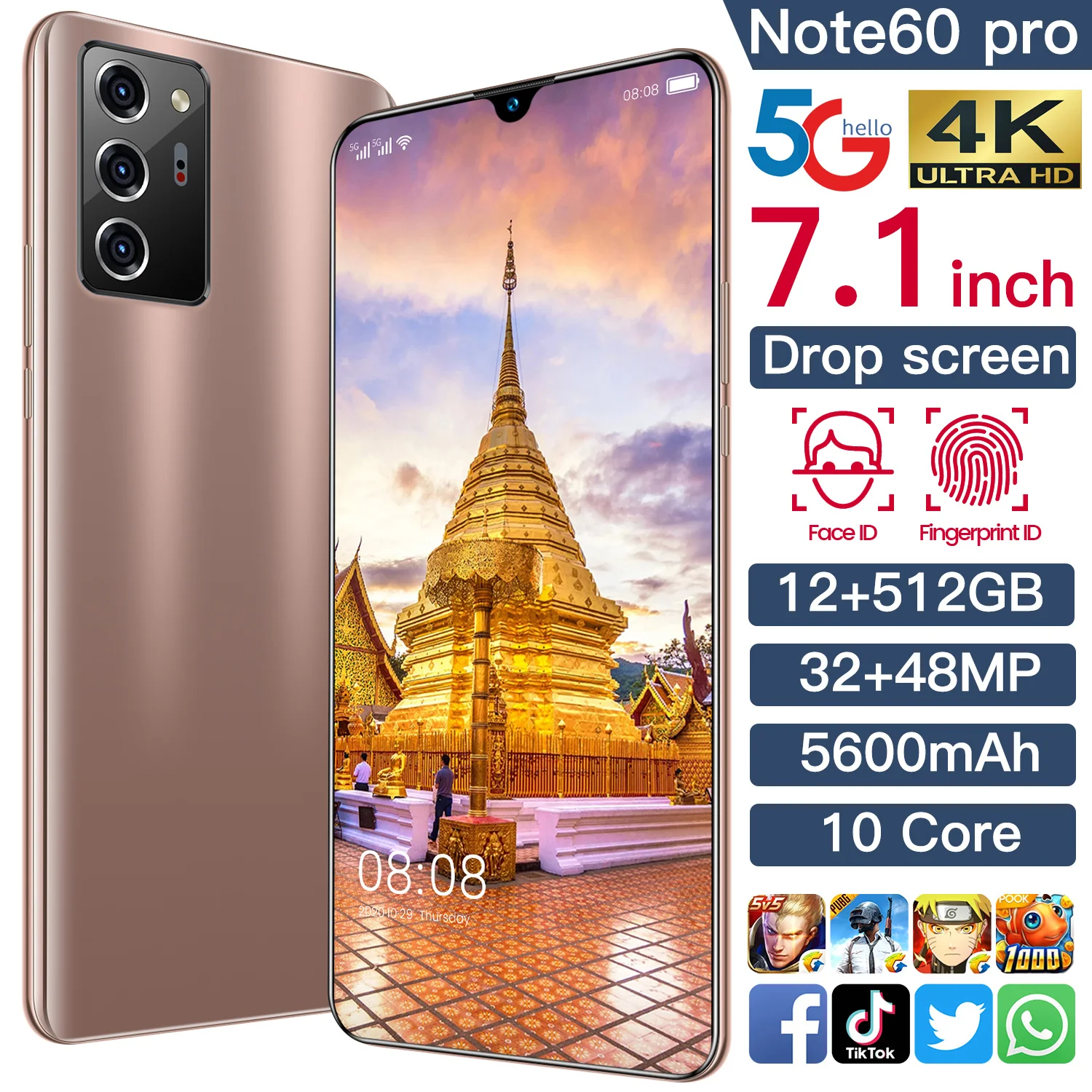 

Newest Note 60 Pro Smartphone 7.1Inch Full Screen 8 Core CPU 5600mAh 1ocore 512GB 5G Intelligent wake-up, face recognition, fing