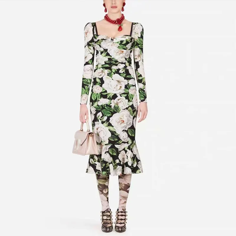 Весеннее элегантное зеленое женское платье с цветочным принтом и рюшами 2020