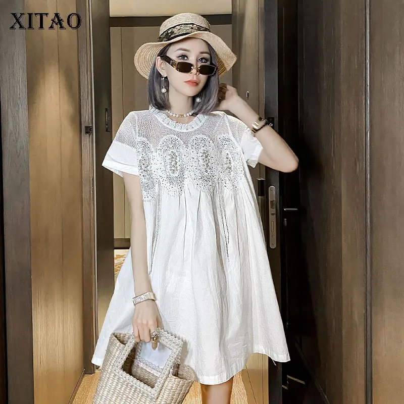 

XITAO, белое платье, модное, новое, женское, тонкое, плиссированное, лето 2021, богиня, веер, повседневный стиль, Свободный пуловер, свободное плат...