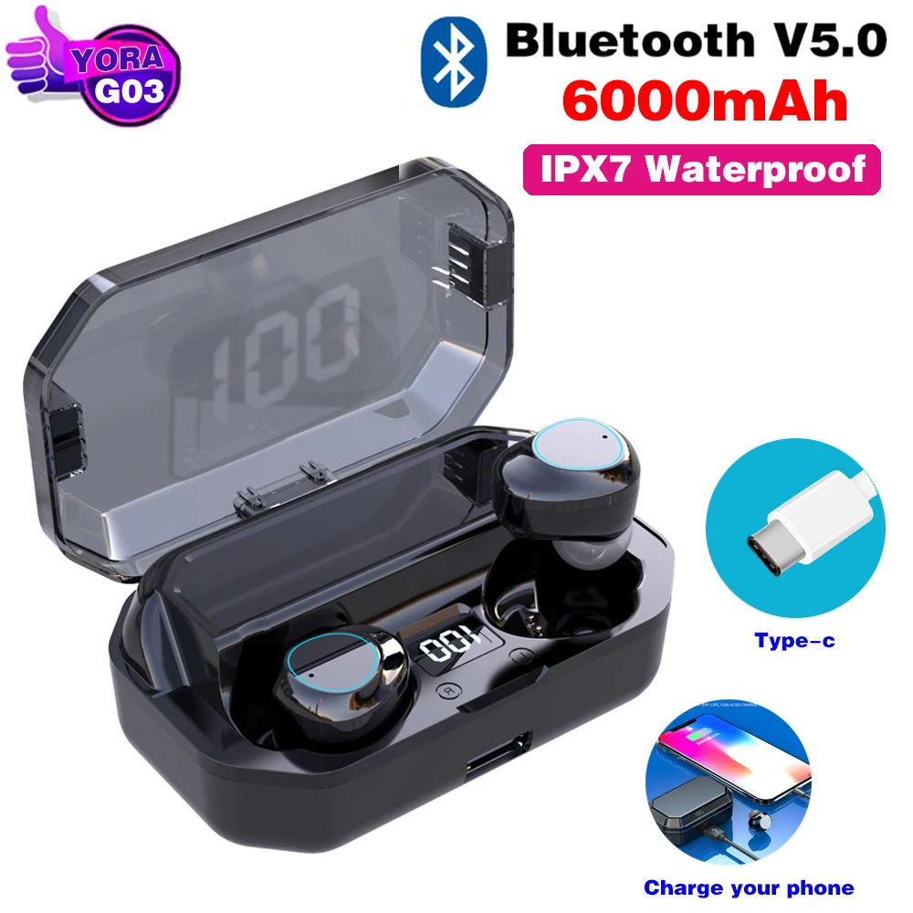 G03 Bluetooth гарнитуры 6000 мАч светодиодный смарт-дисплей высокого класса 6D объемный HD звук 5,0 IPX7 водонепроницаемые Bluetooth беспроводные наушники