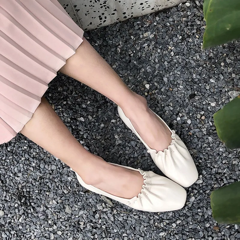 

Pleated New 2021 Autumn Vintage Mary Janes Flat Women Slip-on Genuine Leather Square Toe Casual Fashion Female Mules Shoes