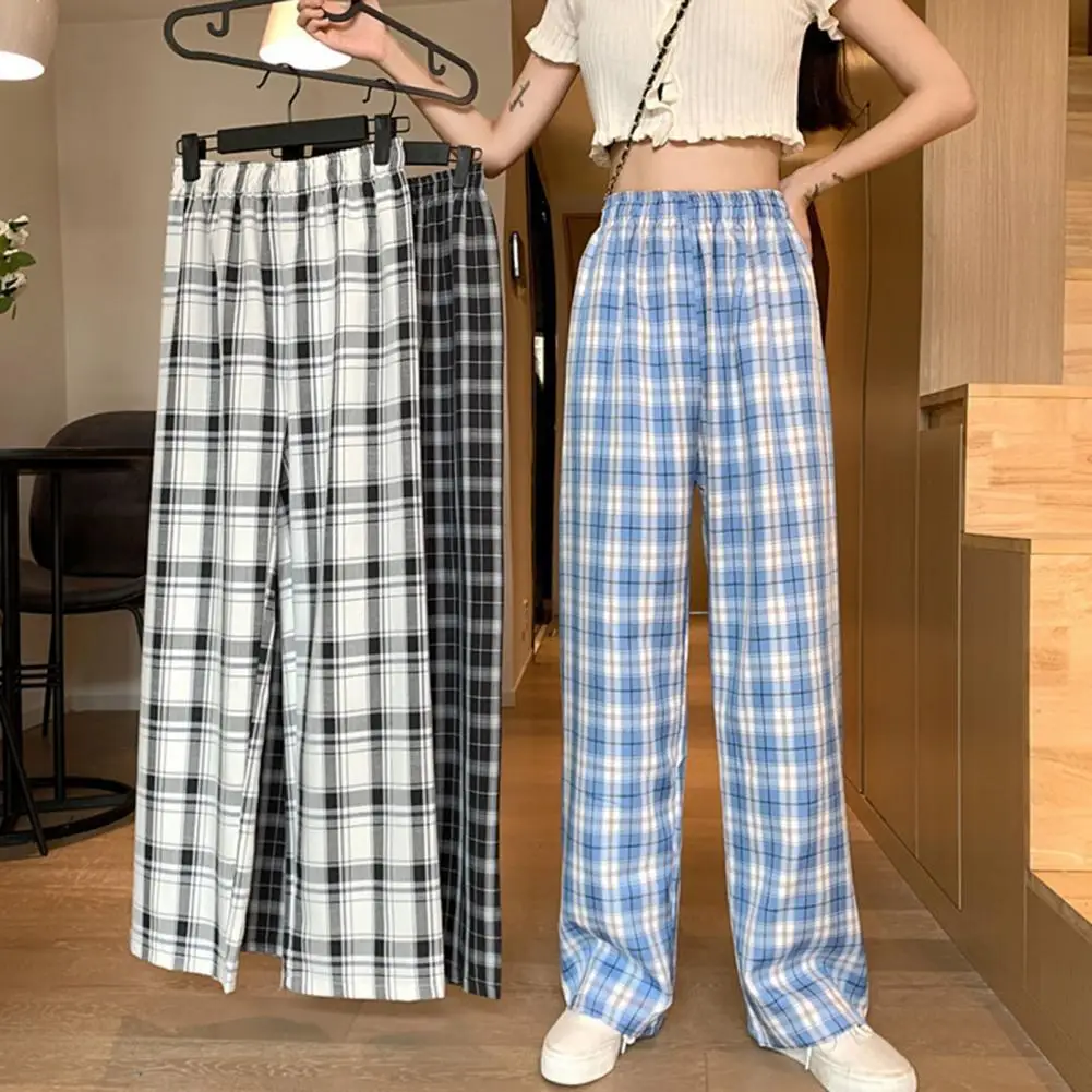 

Women Wide Leg High Waist Breathable Trousers Elastic Straight Plaid Pants for Daily Wear