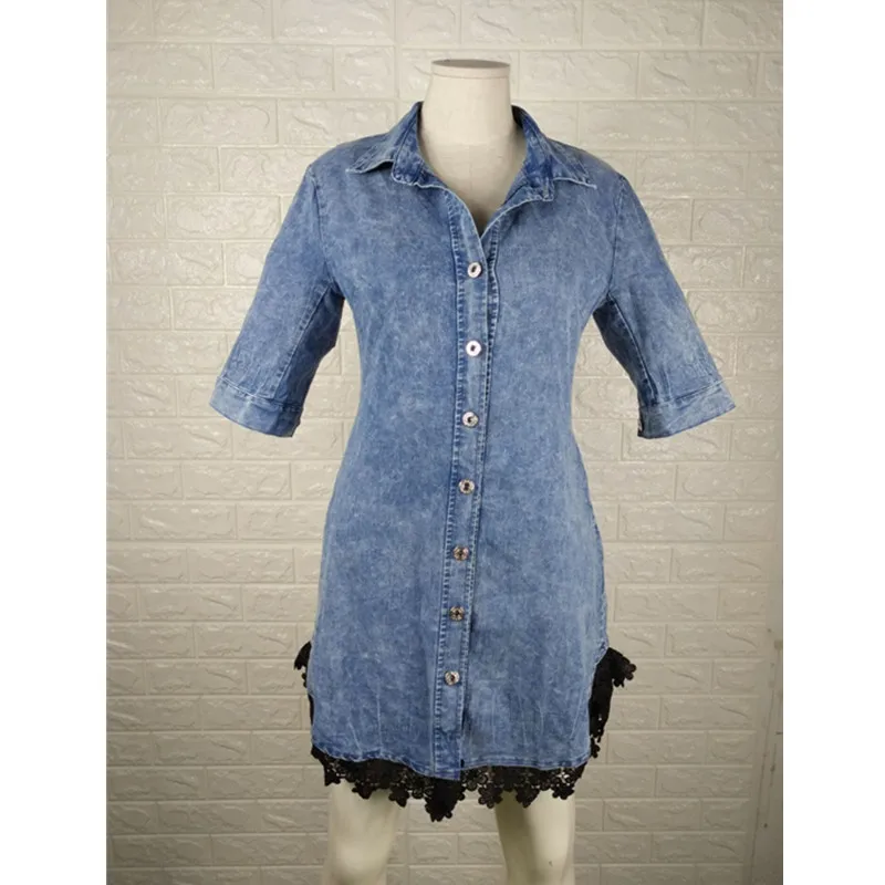 Женское джинсовое платье с коротким рукавом и V-образным вырезом лоскутное