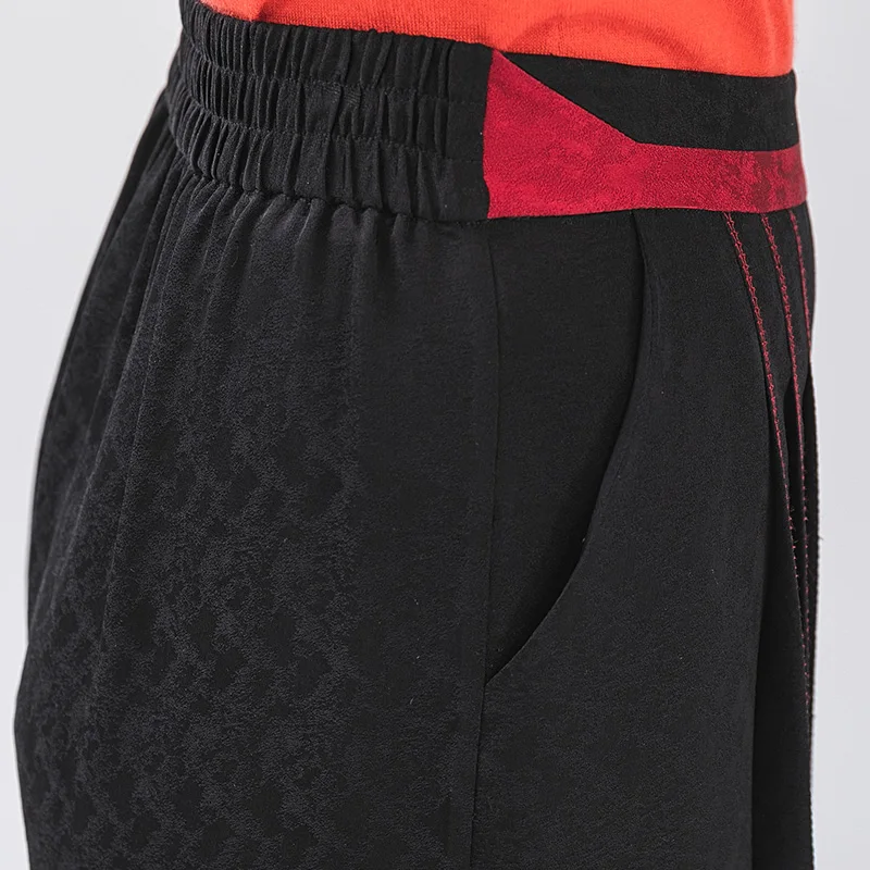 

VOA Silk 22m/m Black Jacquard Contrast Collage Education Grams Pleat Design Elastic Waist Pocket Seven Wide Leg Pants K1