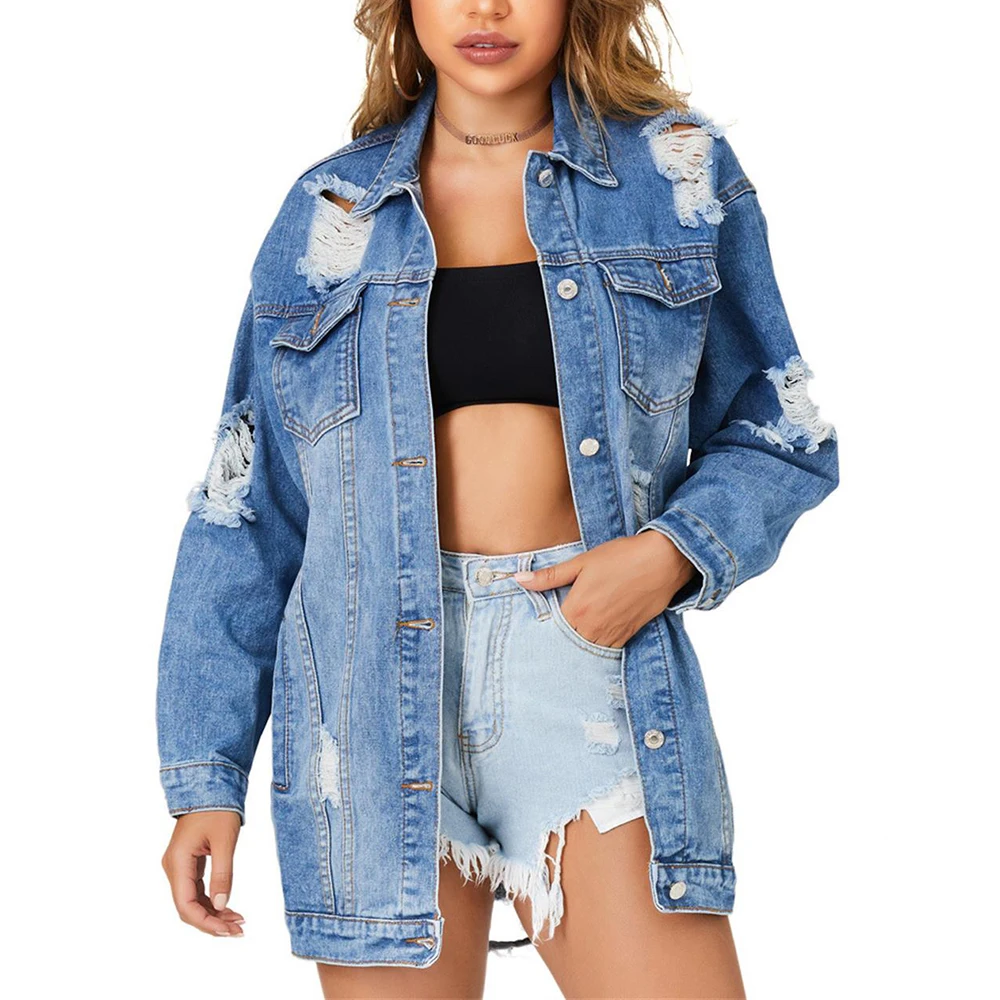 

Модная потертая синяя джинсовая куртка, женское состаренное пальто с длинным рукавом, куртки, зимняя Осенняя винтажная Повседневная Верхня...