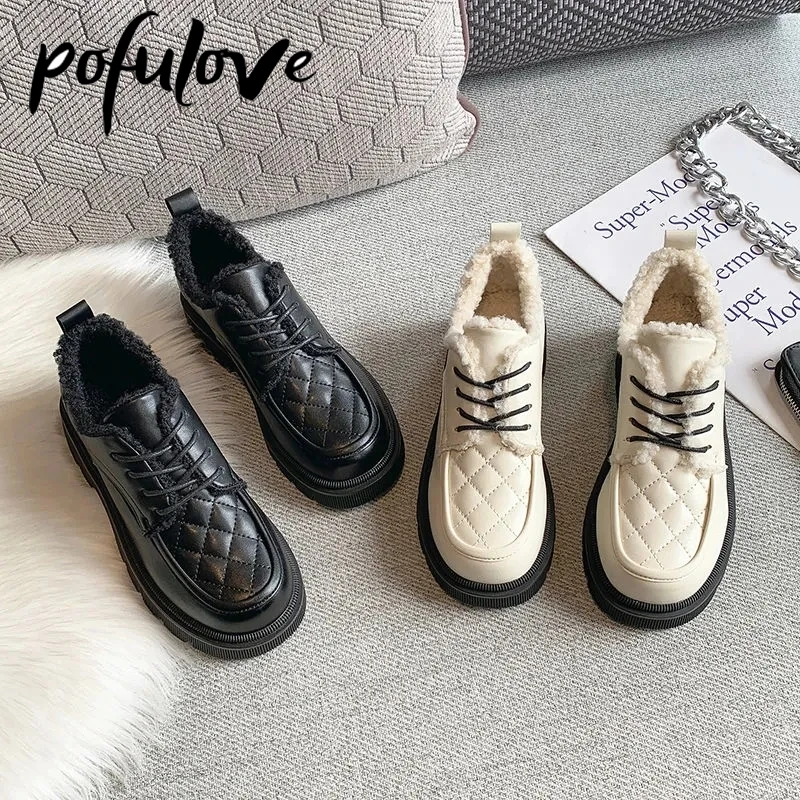 

Pofulove женские зимние ботинки, черные, белые лоферы, кожаные ботильоны, меховые теплые ботинки на плоской платформе, модные дизайнерские боти...