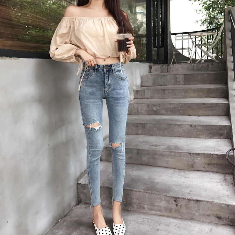 Spring and autumn new Korean style high waist slim stretch ripped jeans with small feet retro nine-point pants women's trend