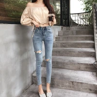 spring and autumn new korean style high waist slim stretch ripped jeans with small feet retro nine point pants womens trend