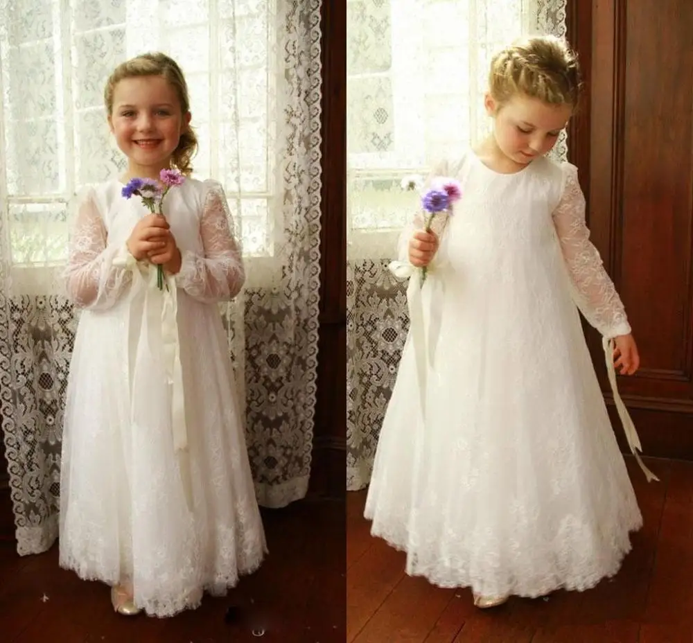 

Christmas Lace Flower Girls Dresses Jewel Long Sleeves First Communion Dress Ankle Length Sash Princess Girls Pageant Gowns