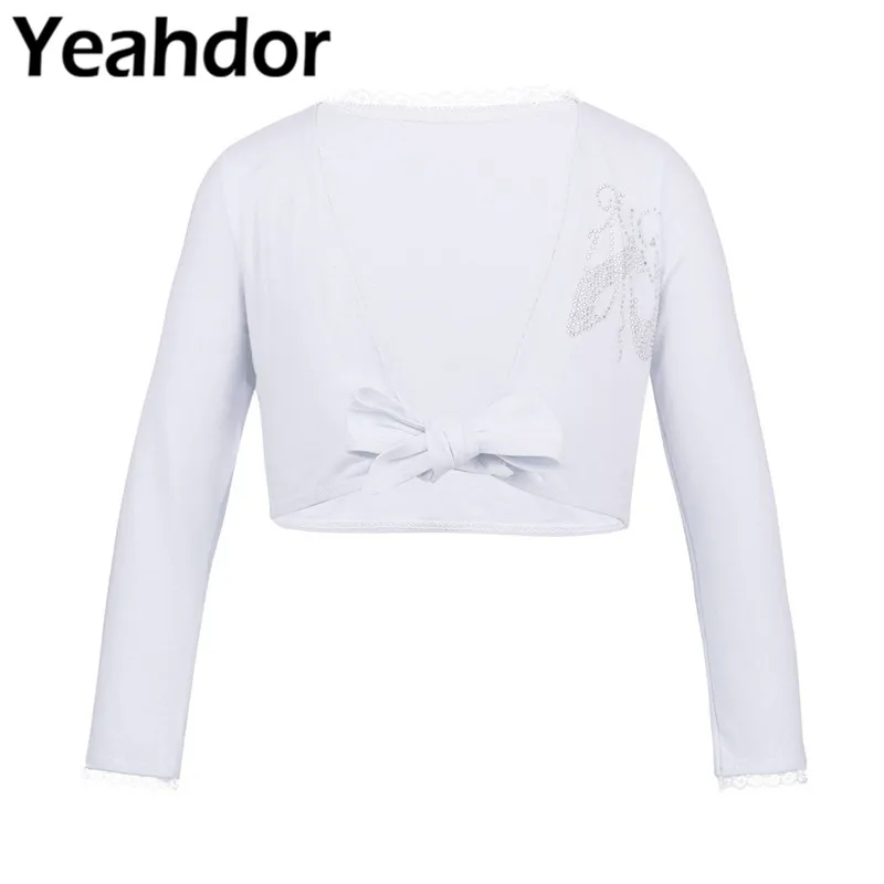 

Cotton Kids Girls Wrap Top Classic Long Sleeve Front Knot Ballet Dance Cardigan Flower Girls Wrap Top WIth Shiny Rhinestone