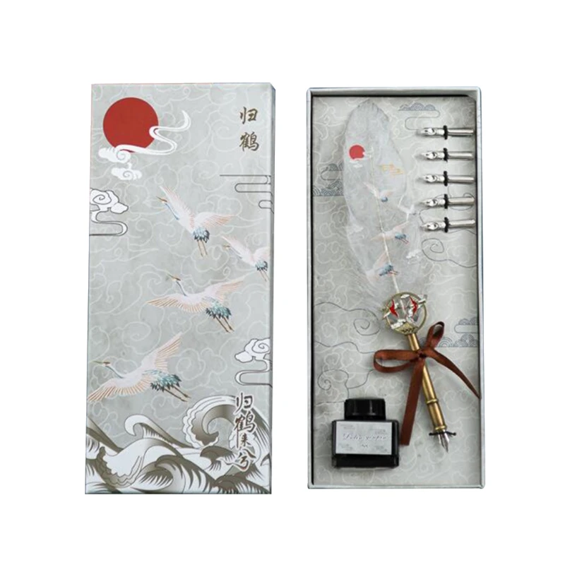

Retro Quill Pen with Hardcover Notebook Retro Metal Bookmark 15ml Ink Bottle Unique Crane Style Design Calligraphy Pen