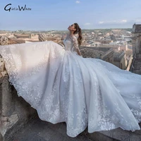 long sleeve beaded wedding dress 2021 luxury appliques a line romantic chapel train round neck lace up vintage vestidos de novia