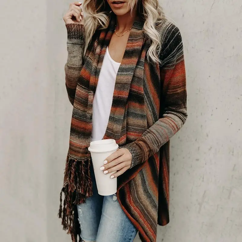 

Knit cardigan shawl ladies sweater gradient stripe fringe