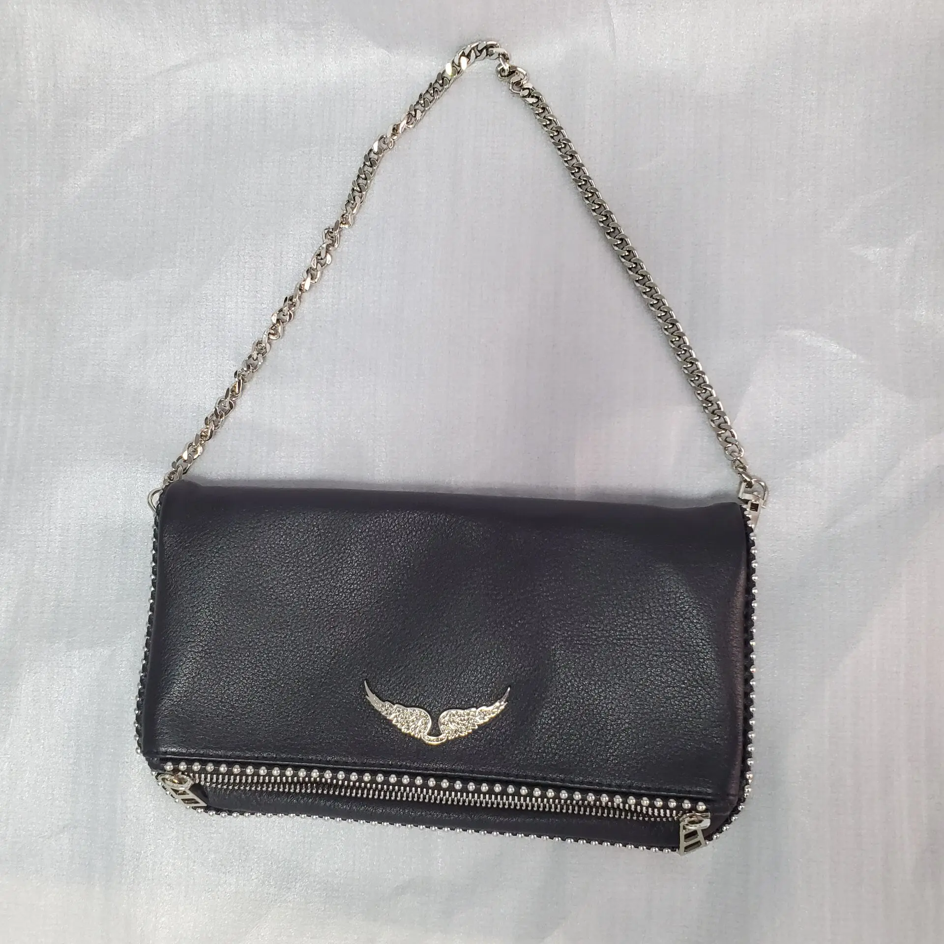 

100% Real Leather Handbag Wings Beads Two Chains Messenger Bag Women's Single Shoulder Bag Clutch Bag Envepole Clutch Purse