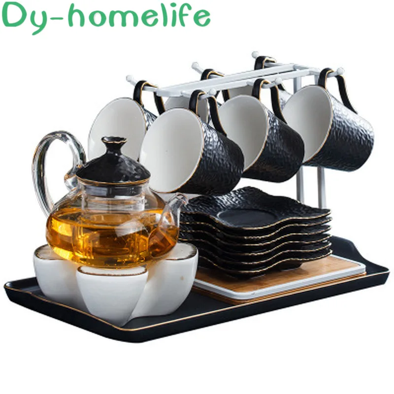 

Nordic Black and White Embossed with Tray Candle Stove Ceramic Glass Coffee Tea Set Household Heatable Glass Teapot Ceramic Cup