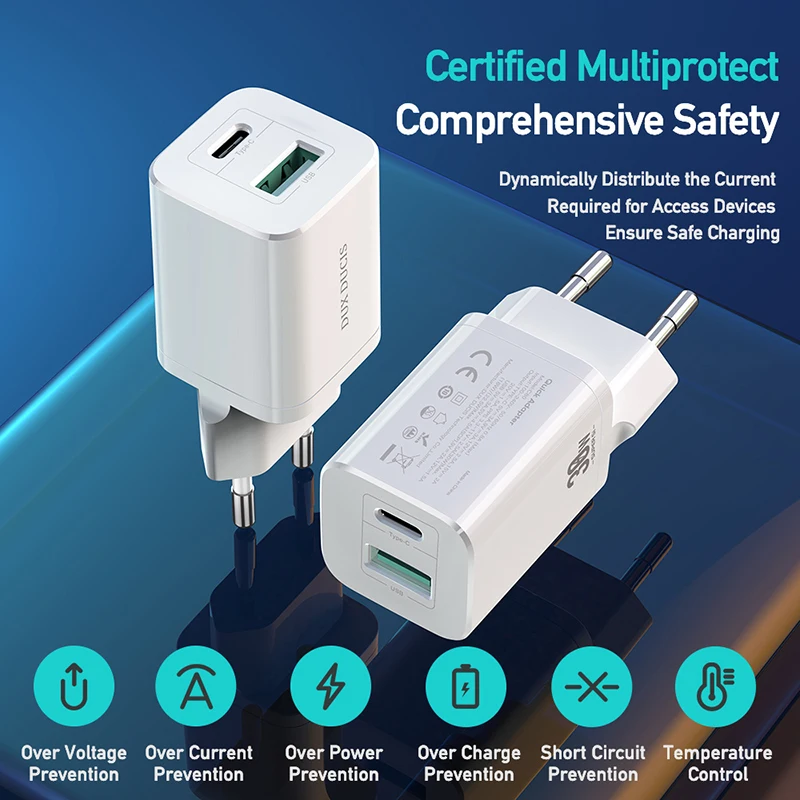 Устройство зарядное сетевое с двумя портами USB Type-C и поддержкой быстрой зарядки, 30 Вт