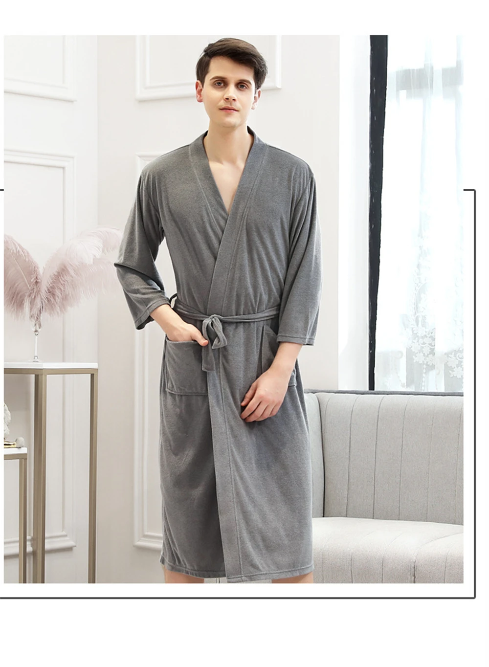 Мужской халат, пара тонких быстросохнущих пижам yukata, домашняя одежда, ночная рубашка, серый, красный, коричневый, roupao feminino