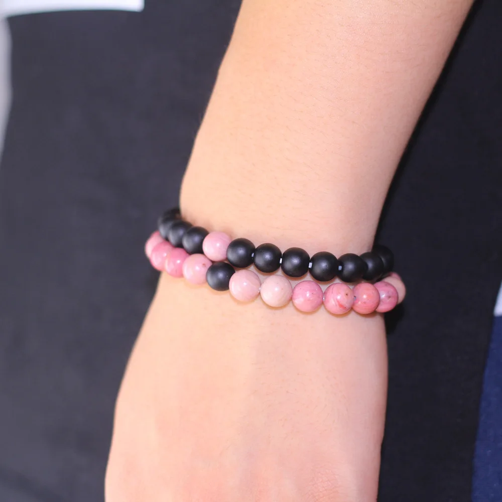 

Trendy Pink Wood Natural Stone with Black Matte Stone Round Chain Bracelets Women Best Friends Lucky Charm Pulsera De Mujer