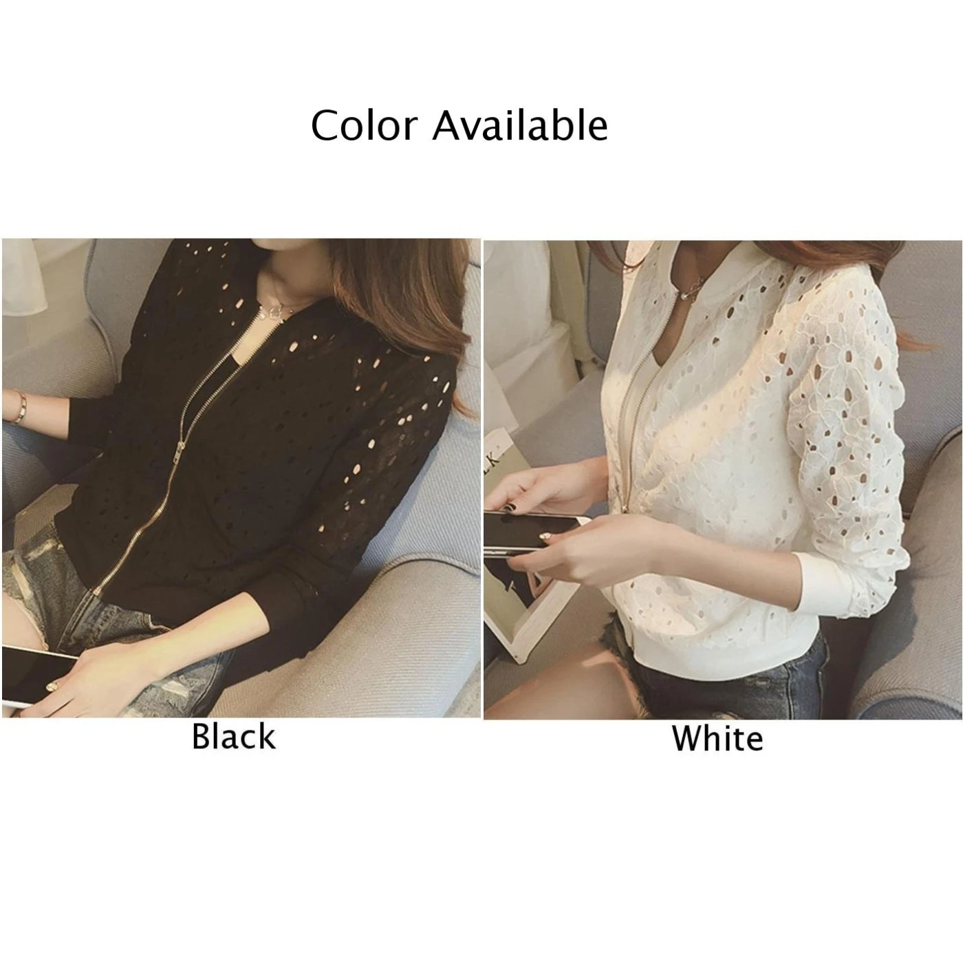 Летняя женская куртка-бомбер Женская кружевная открытая однотонная